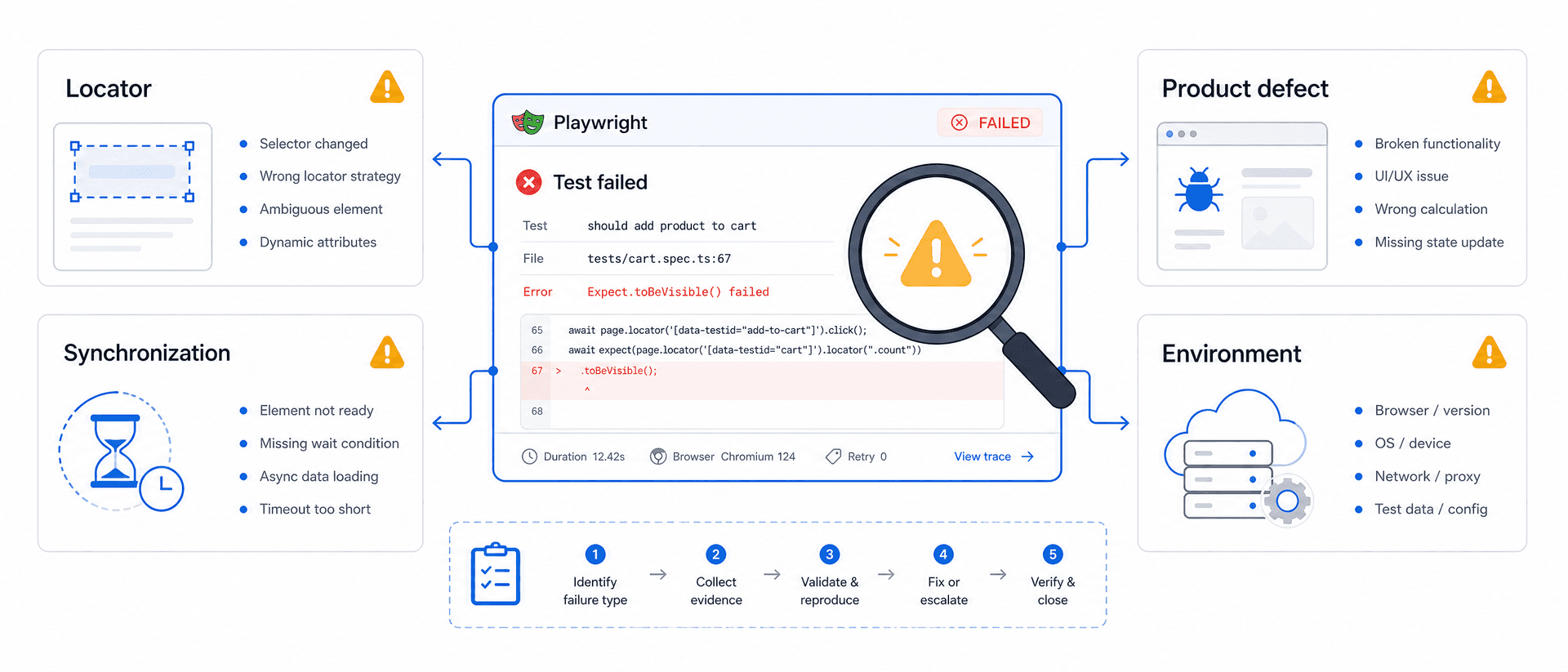 Wide 21:9 educational visual showing a Playwright failure triage matrix with four cards labeled exactly Locator, Synchronization, Product defect, and Environment around a central failed test panel and magnifying glass. Use blue connectors and amber warning markers. Minimalist flat vector UI design, premium professional EdTech editorial artwork, clean horizontal bento-grid, Paper White background #fafafa, Zinc-900 content #18181b, T5Edu Blue accent #1a73e8, Amber highlight #f59e0b, subtle one-pixel borders, no people, no faces, no hands, no 3D, no photorealism, no purple, no violet, no pink, no neon, no logo, no watermark