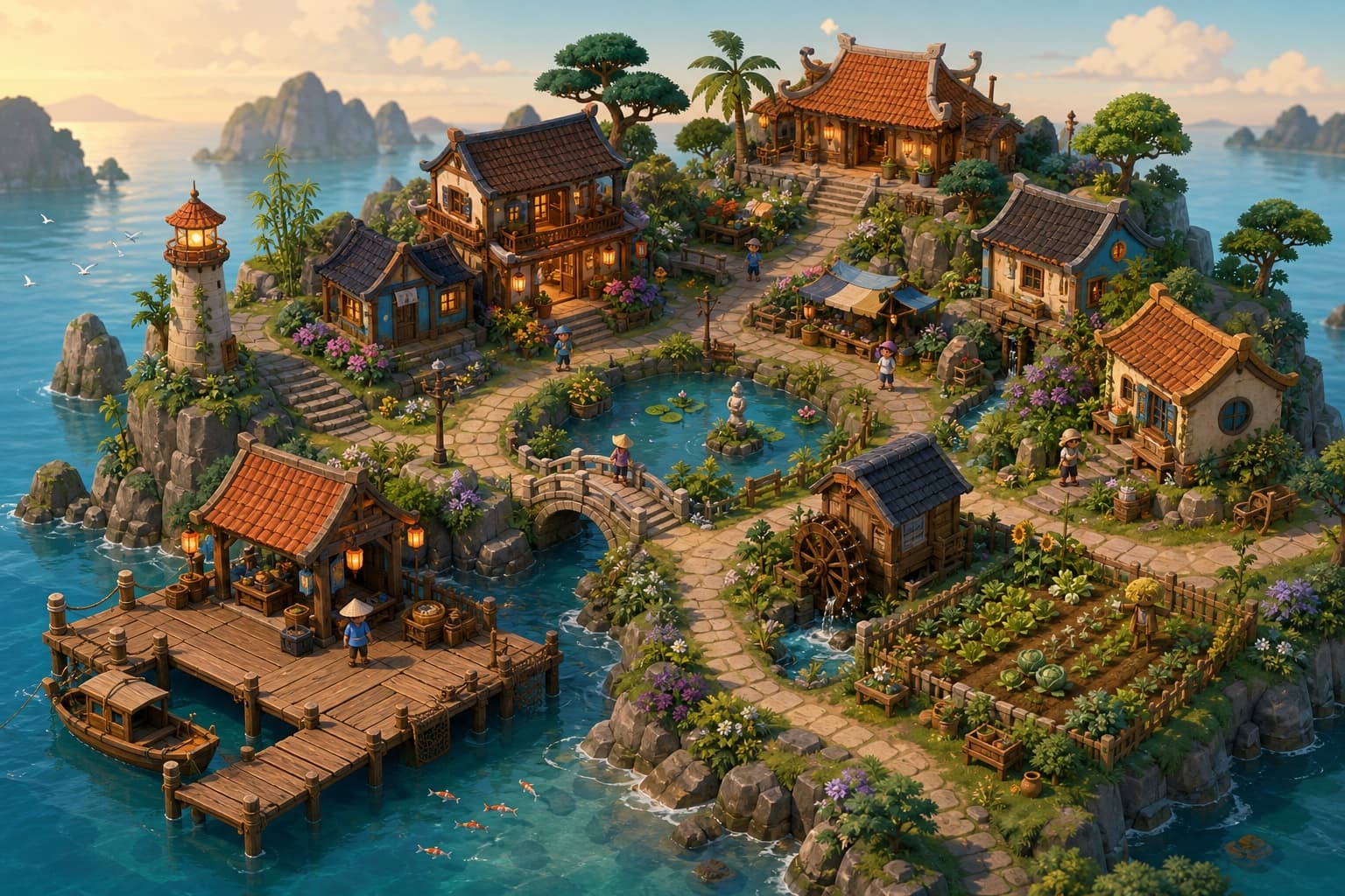 Minh họa một hòn đảo 2.5D với đường mòn, ruộng cây, hồ nước và rừng nhỏ