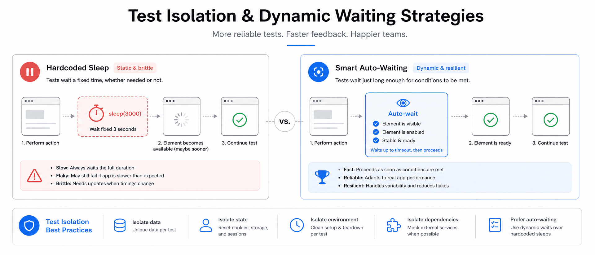 Wide 3:1 educational diagram showing test isolation and dynamic waiting strategies. Layout: two balanced comparison boxes showing hardcoded sleep versus smart auto-waiting. Minimalist flat vector UI design, premium professional EdTech editorial artwork, paper white background #fafafa, zinc-900 content, t5edu blue accent #1a73e8, amber highlight #f59e0b, no people, no watermark